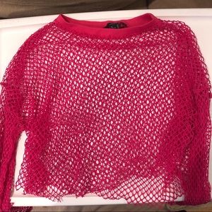 F21 Pink Fishnet Long Sleeve Crop Top